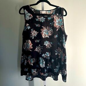 Black Floral Sleeveless Top with Ruffled Detail